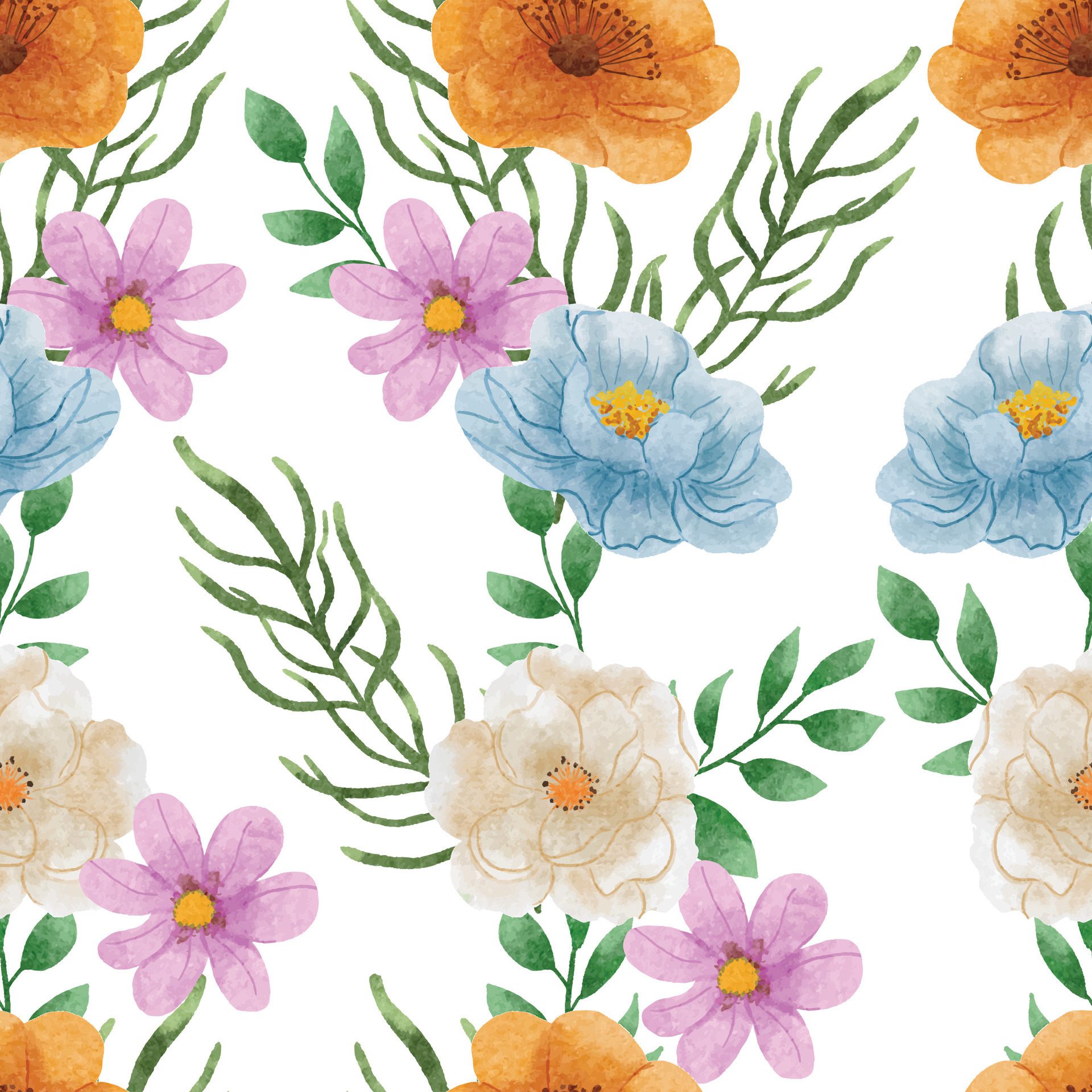 Blue and White Watercolor Rose Flower Seamless Pattern Free Vector