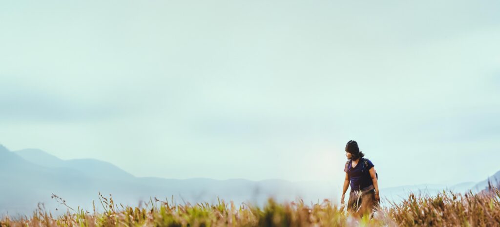 Asian man travel nature. Travel relax.Backpack walk on the meadow in the forest. Thailand Stock Free