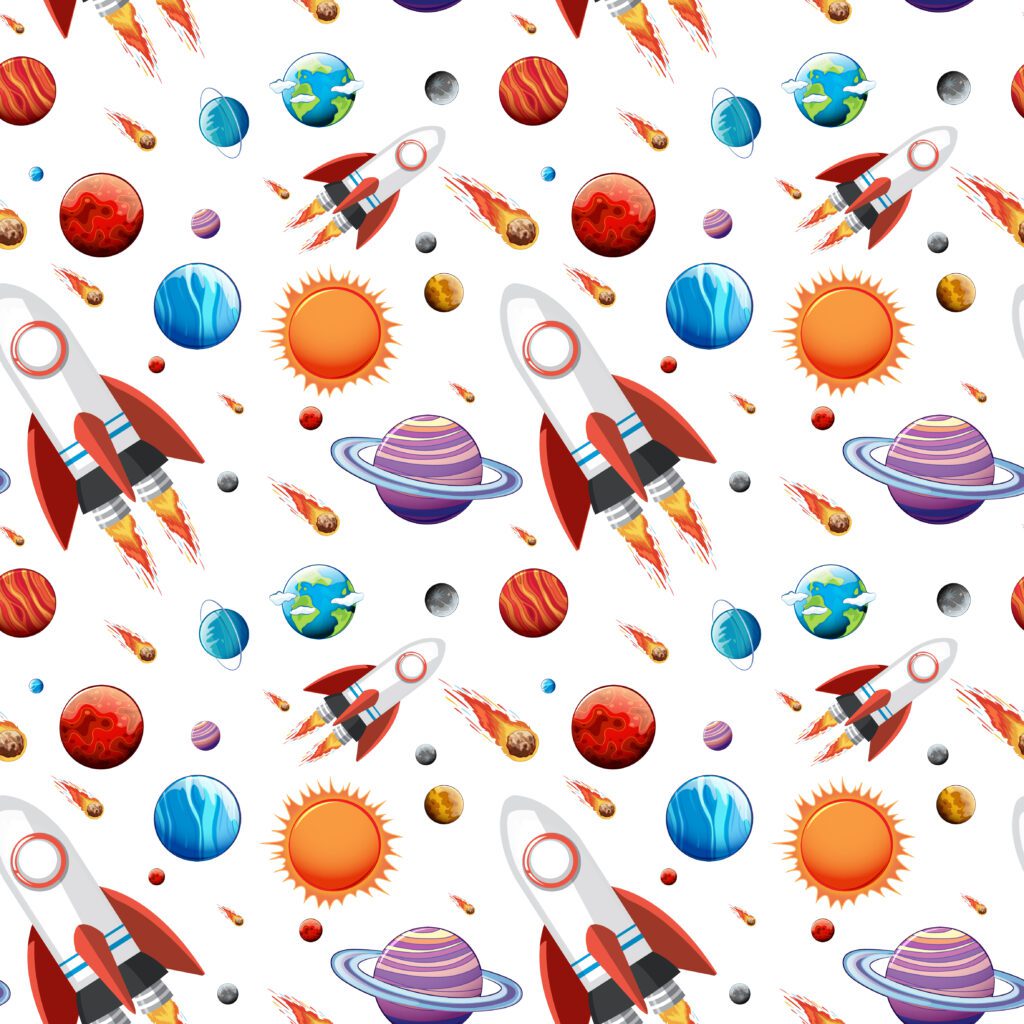 Colorful galaxy space and planets seamless pattern Free Vector