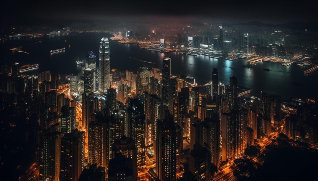 Illuminated skyscrapers reflect on crowded waterfront at dusk generated by AI Free Photo