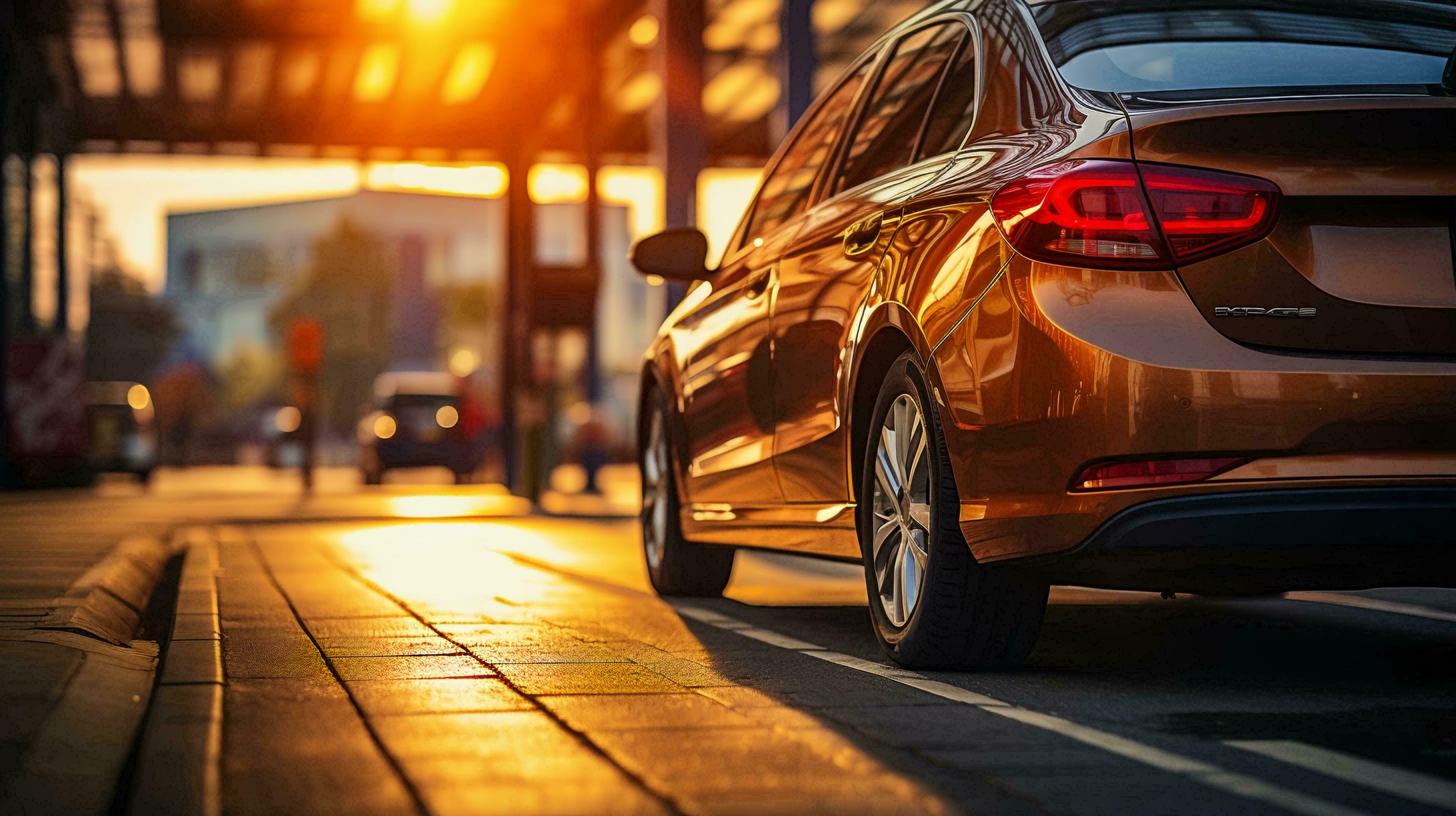 The car is parked on the side of the road at sunset. The concept of transport parking in a big city. AI generated Stock Free