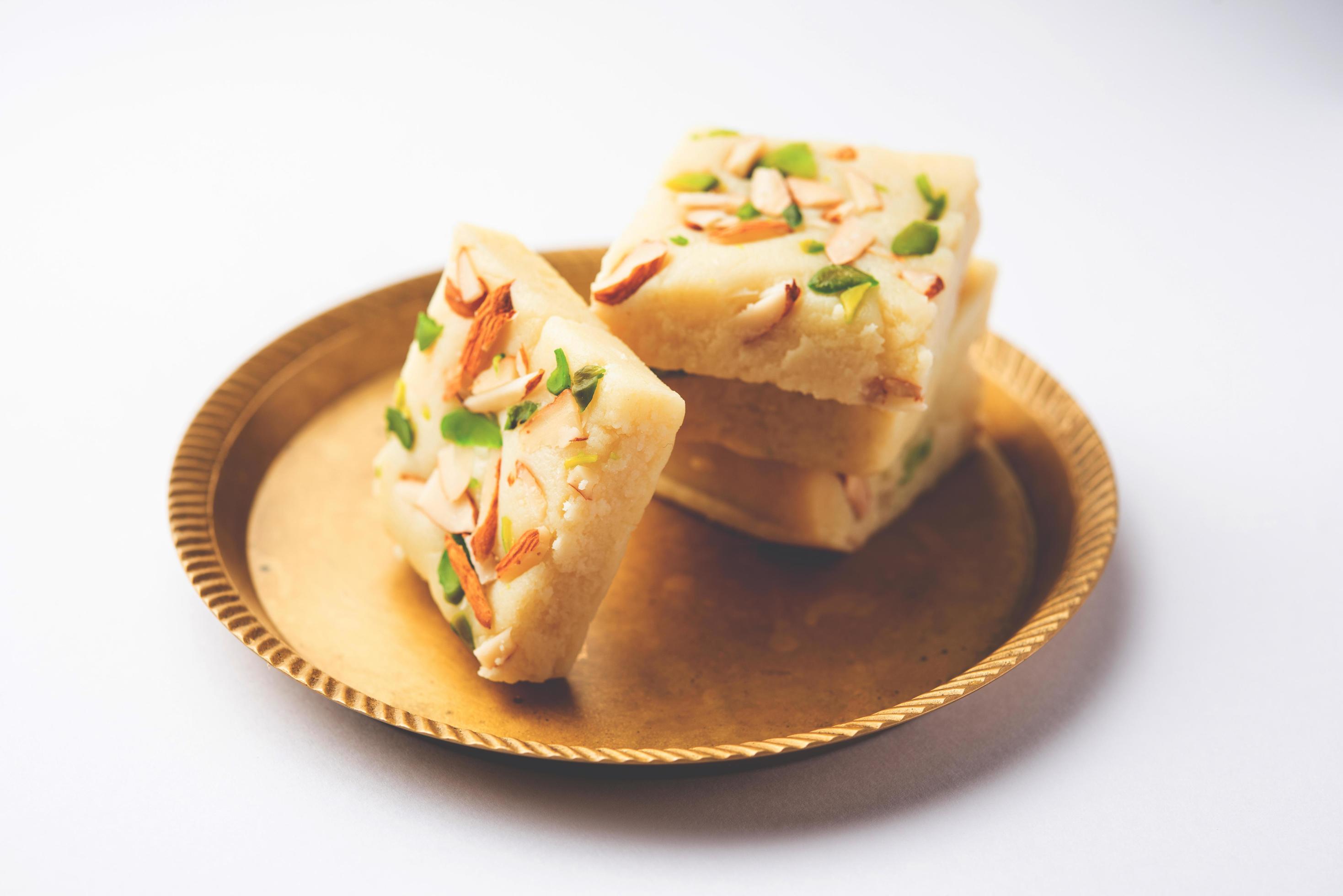 Milk powder barfi also known as Mava burfi, white Khoya burfi or Barfee, Indian Sweet food Stock Free