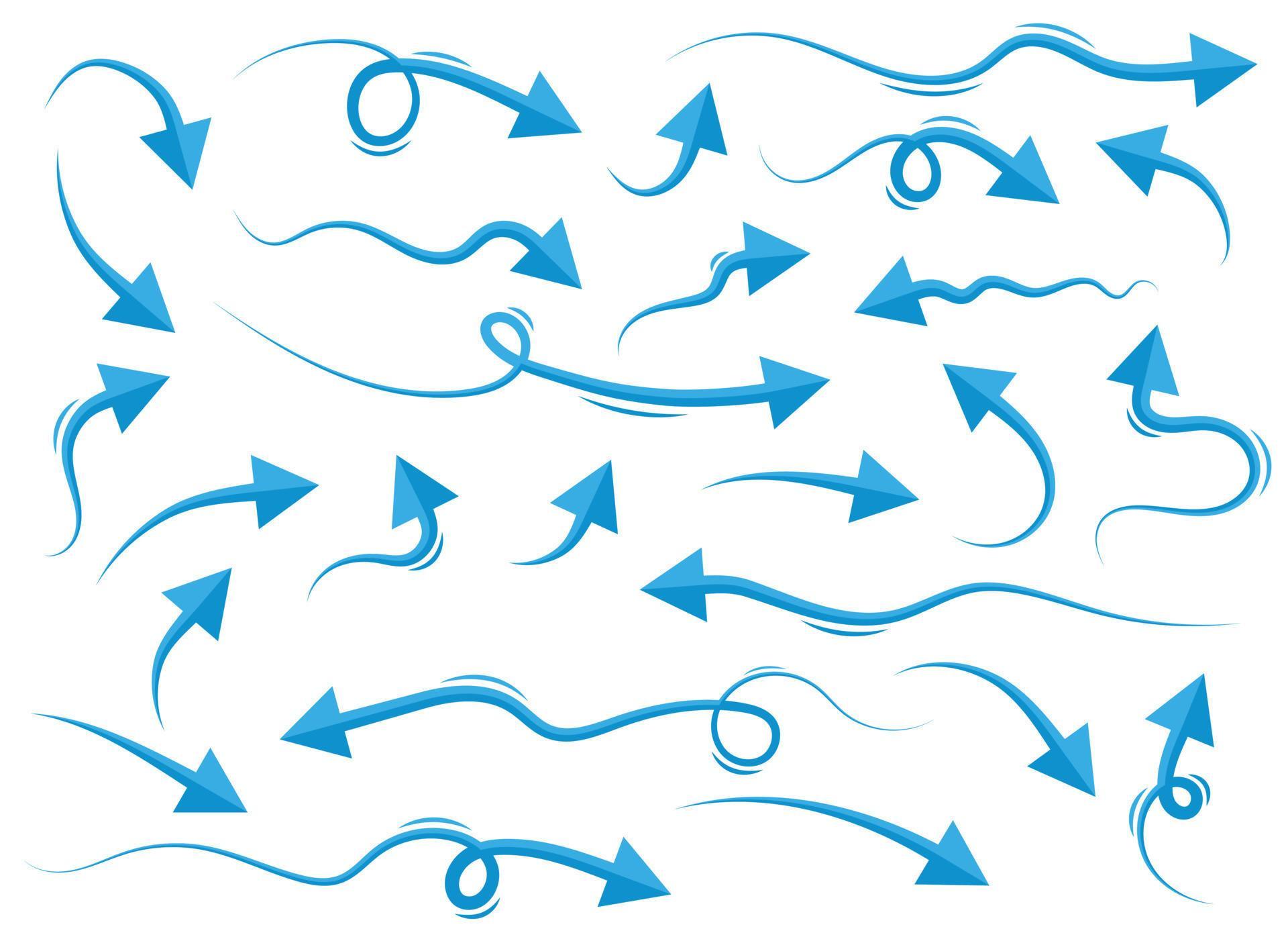 Hand drawn blue curved arrow shape in doodle style. Arrow line set Stock Free