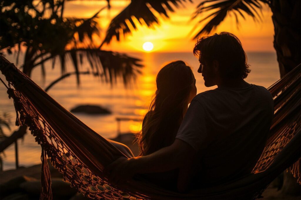 Silhouette of young couple relaxing in hammock on tropical beach at sunset AI Generated Free Photo