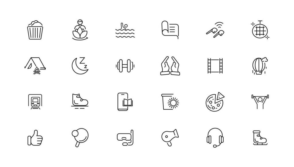 
									Hobby and recreation linear icons collection.Set of thin line web icon set, simple outline icons collection, Pixel Perfect icons, Stock Free