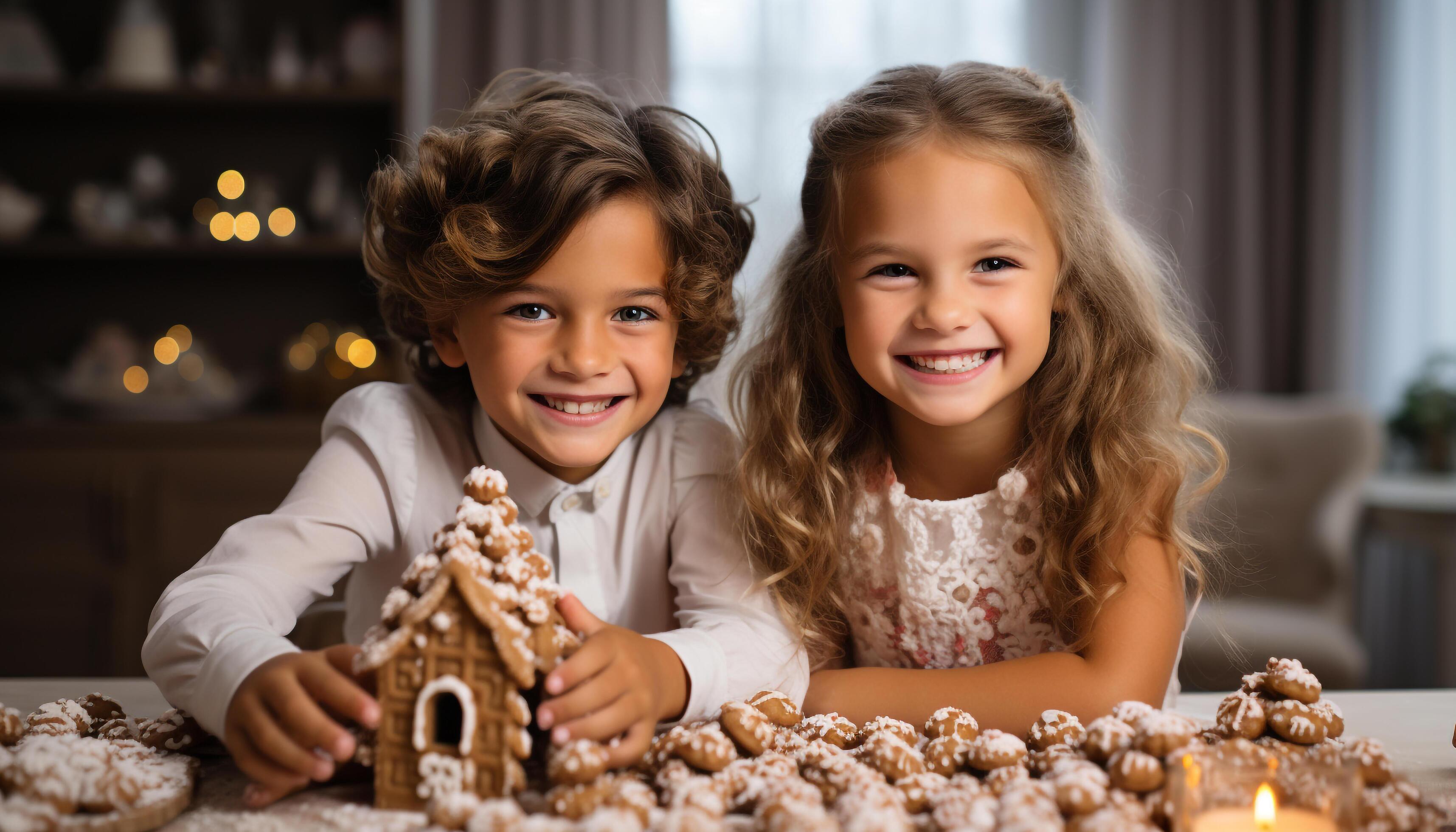 AI generated Smiling girls baking gingerbread, creating sweet homemade family tradition generated by AI Stock Free