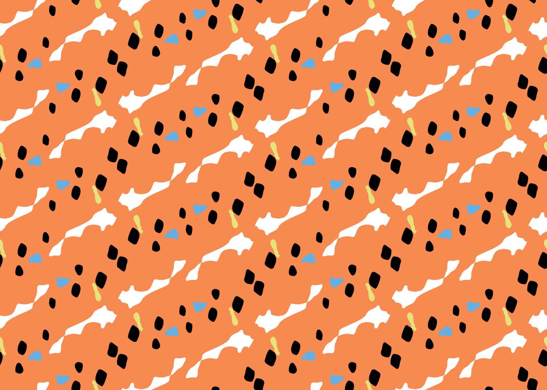 Hand drawn, orange, yellow, blue, black, white spots seamless pattern Free Vector