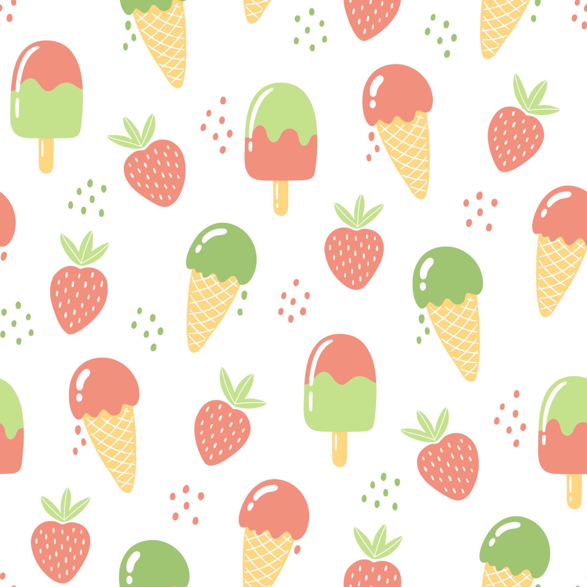 Seamless pattern with strawberries and ice cream. Summer background in bright colors. Hand-drawn trendy vector illustration for textile design. Free Vector