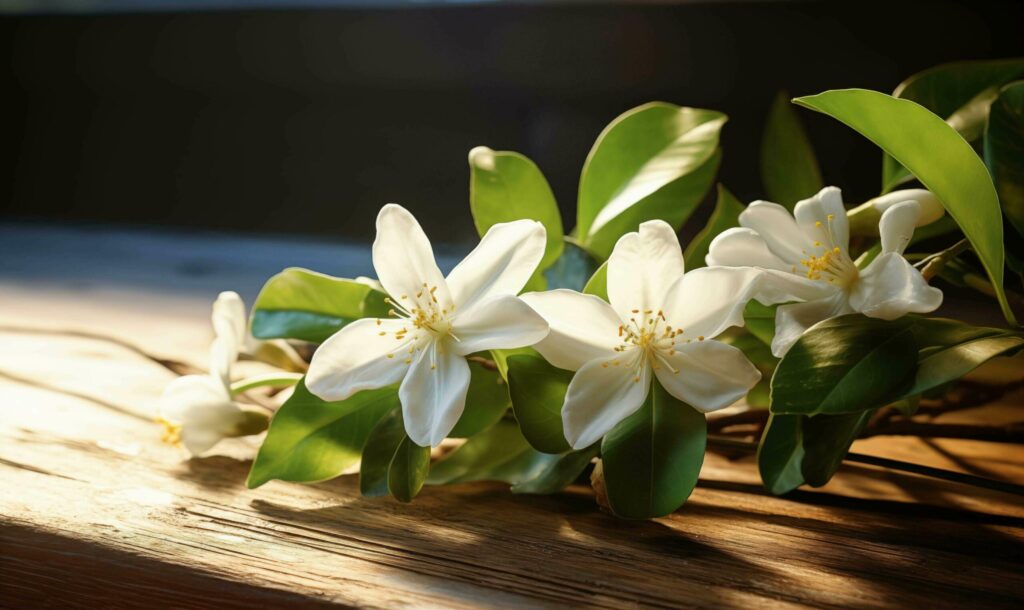 Bouquet of jasmine flowers on wooden table, closeup Free Photo