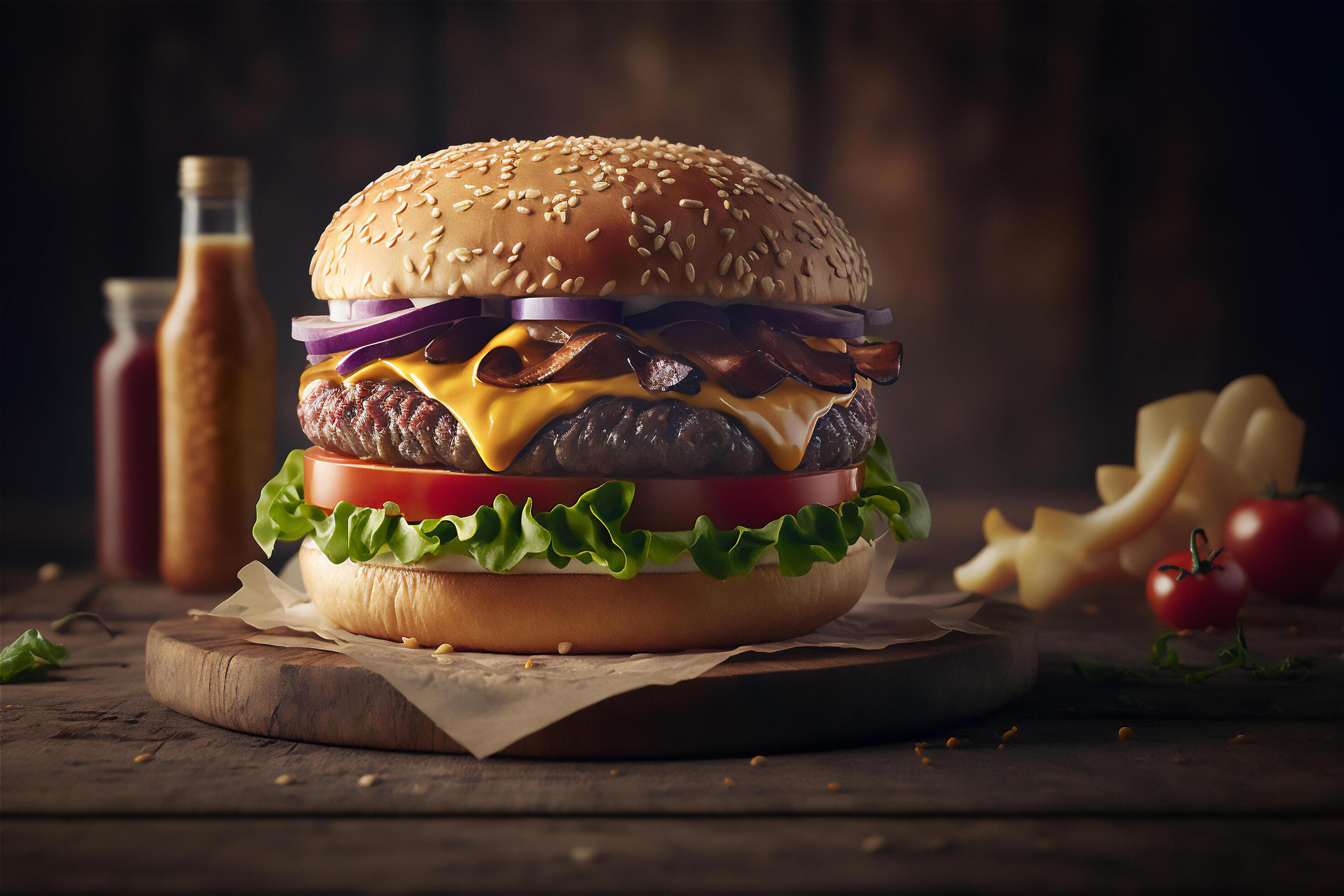 Tasty homemade hamburger on rustic wooden table. Copy space. Advertising. . Fast food snack Stock Free