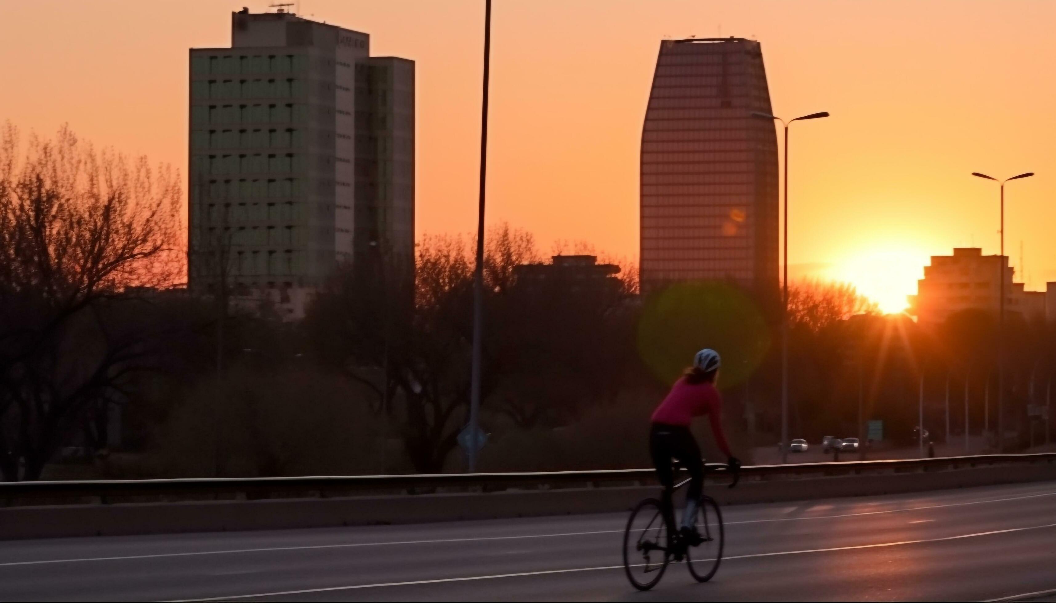 Silhouette of cyclist in motion, enjoying healthy city lifestyle generated by AI Stock Free