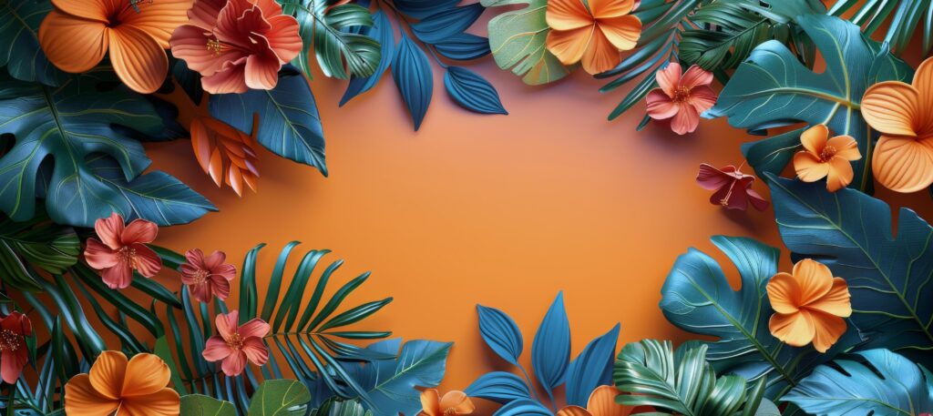 Paper Flower Arrangement With Tropical Leaves on Orange Background Stock Free