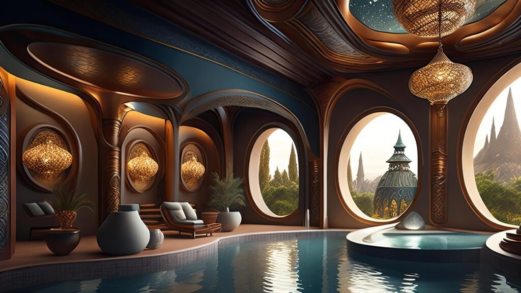 3D rendering of a fantasy room with a pool and a terrace. Stock Free