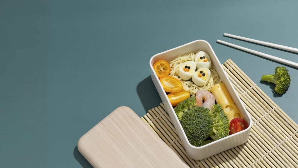 Top view composition food Japanese bento box Stock Free