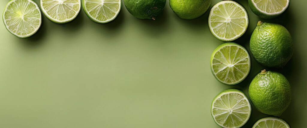 Whole and Sliced Limes Arranged on a Green Background Stock Free