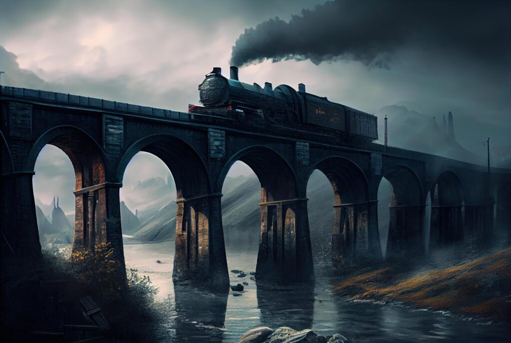 Surreal gloomy landscape with bridge and train. Stock Free