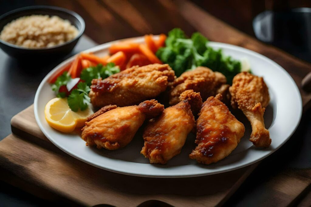 a plate of fried chicken with vegetables and rice Free Photo