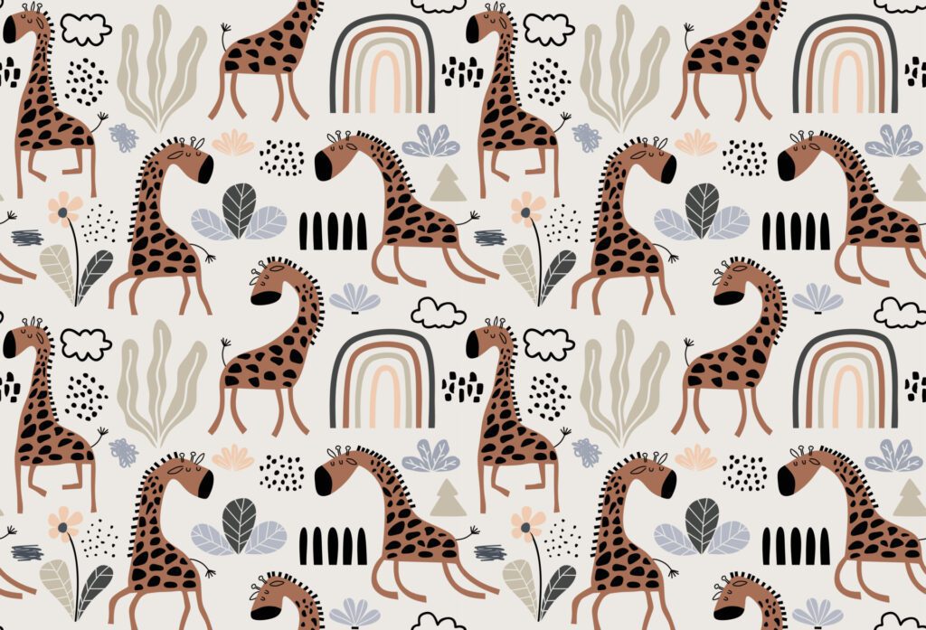 hand-drawn colored childish seamless repeating simple pattern with cute giraffes Free Vector