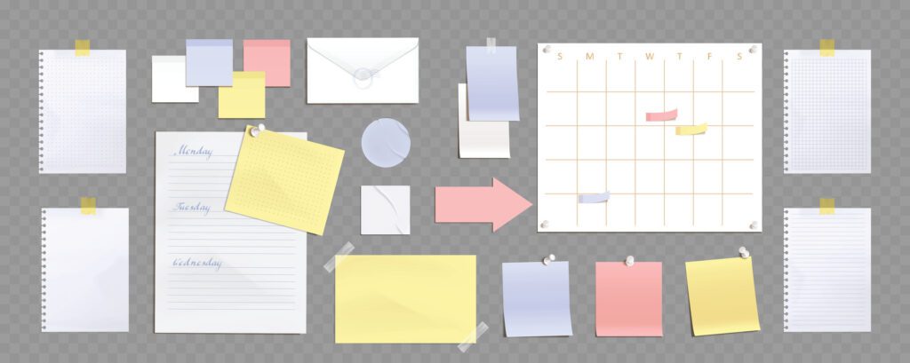 a set of sticky notes and paper clips on a gray background Free Vector