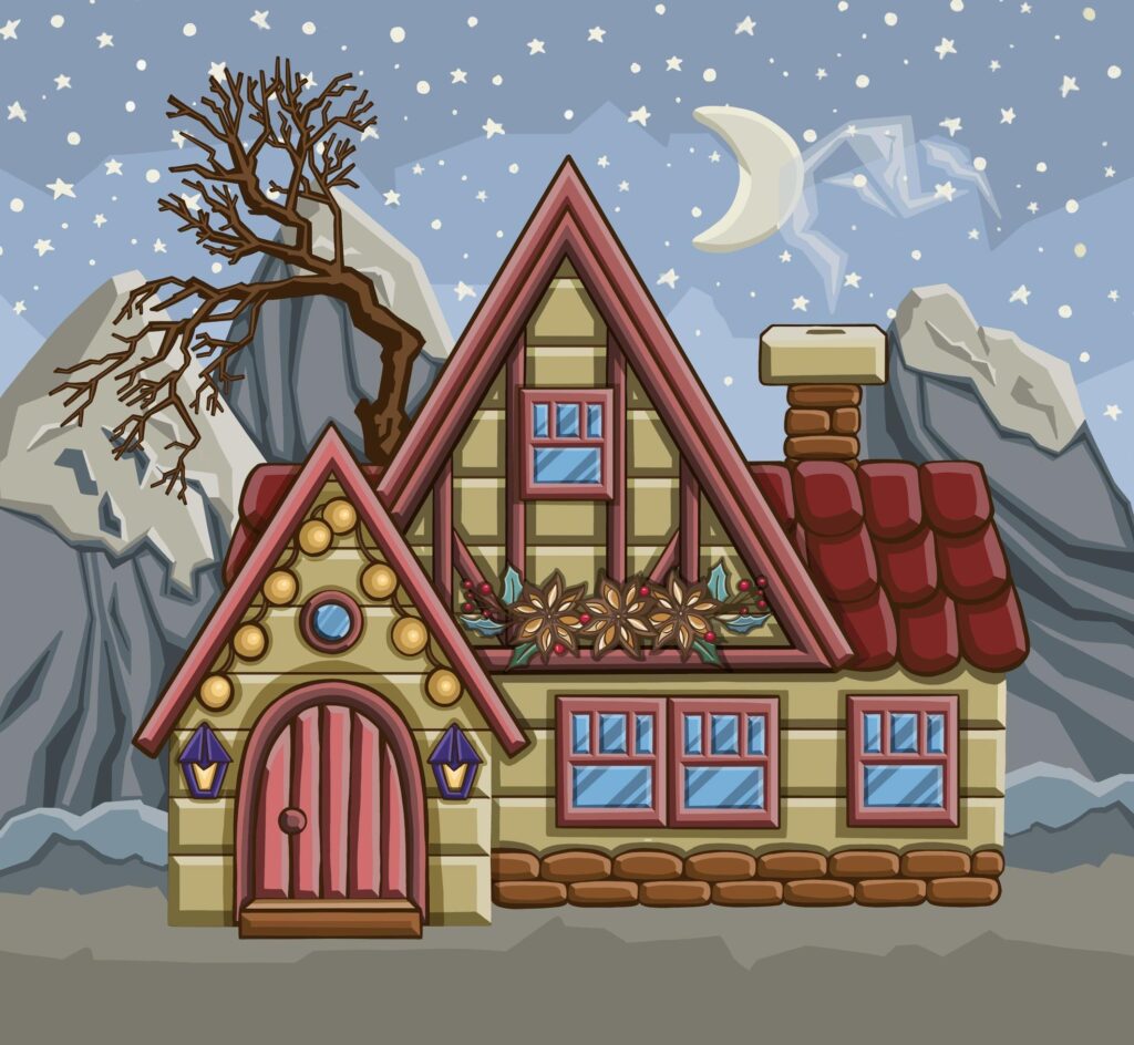 Winter night landscape with decorated house building. Merry christmas and happy new year. Holiday time. . High quality illustration Stock Free