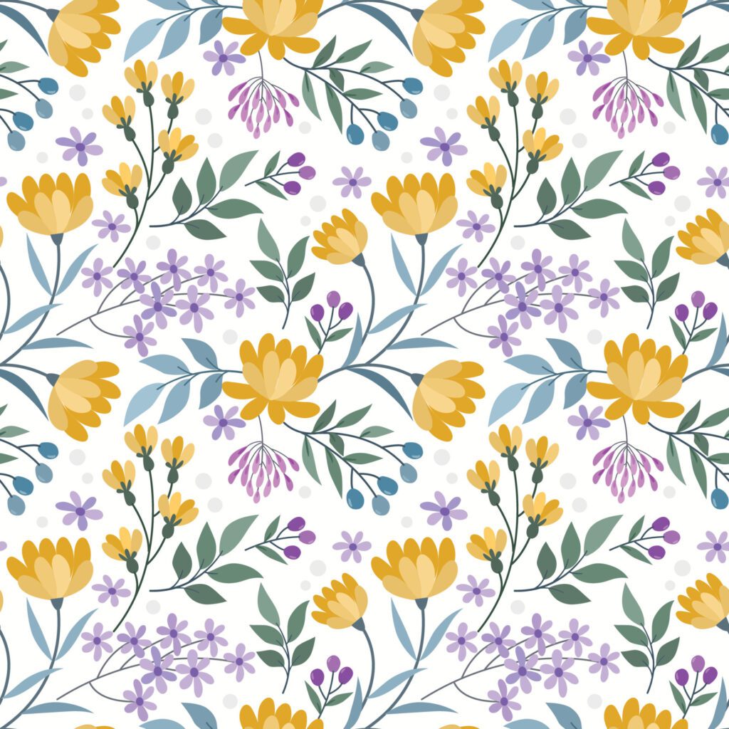 Blooming yellow flowers and small purple flowers seamless pattern. Free Vector