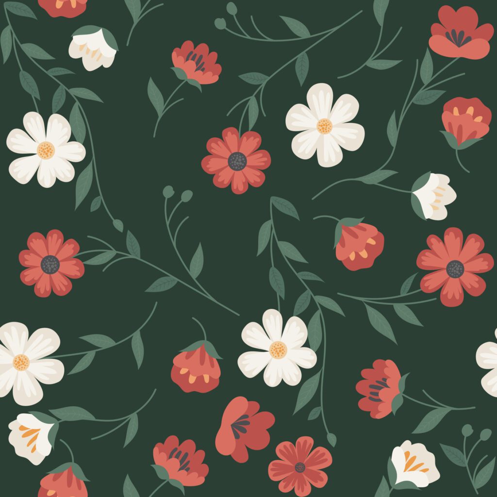 A vintage seamless pattern with simple, flat flowers chamomile, poppy green background. Flower plants ideal for textile, wallpaper, or fabric. Free Vector