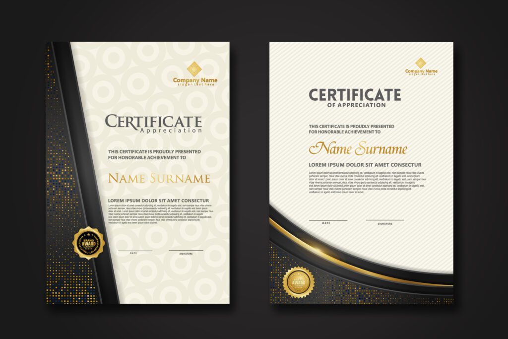 Luxury certificate template with glitter effect dan lines gold shine on frame background Free Vector