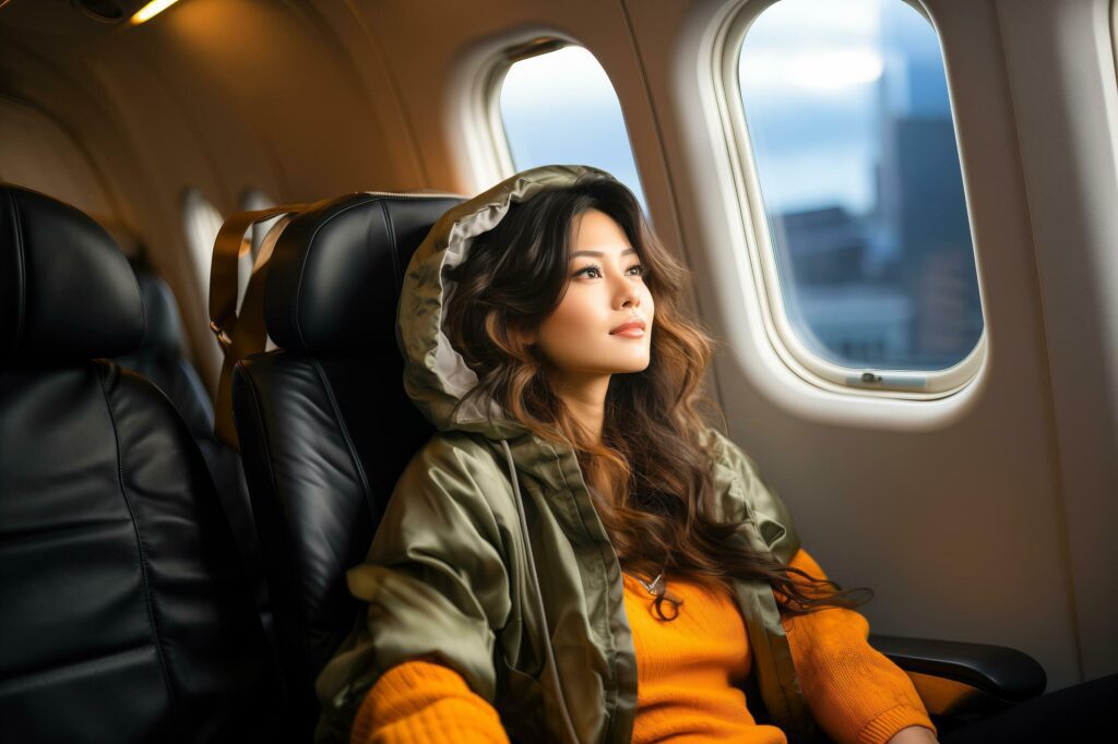 AI generated Asian young female traveler sitting by a window looking out the window on an airplane during a flight. Stock Free