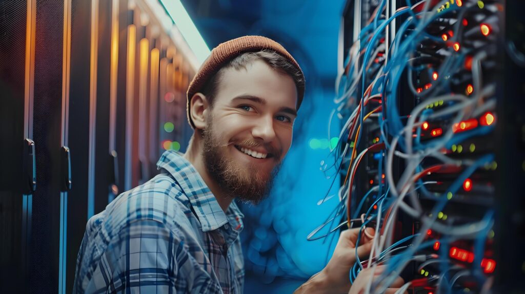 Confident IT Professional Smiling in Busy Office Environment Stock Free