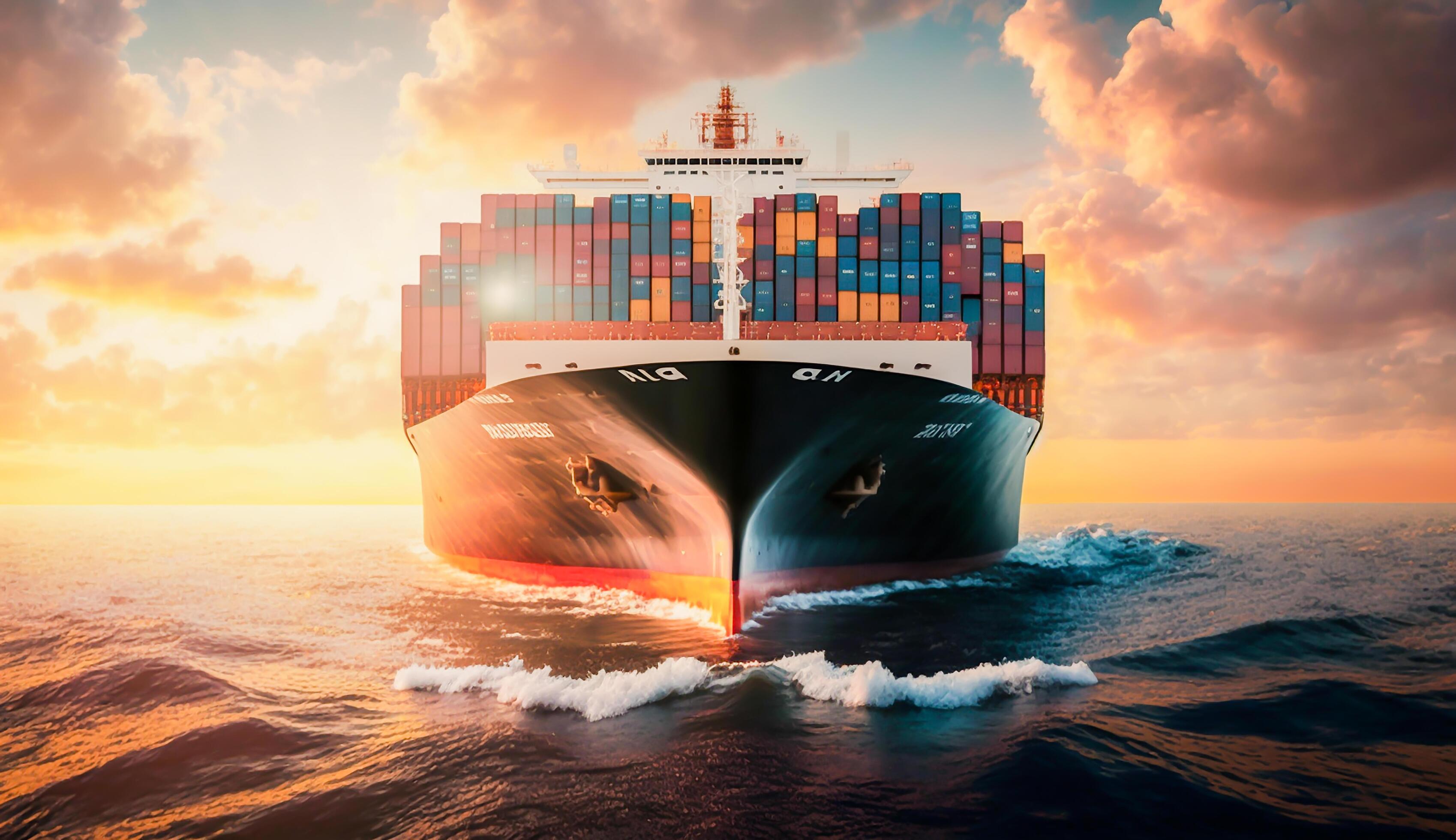 Container big ship on ocean and big wave, Business logistic import – export transport in sunset, . Stock Free