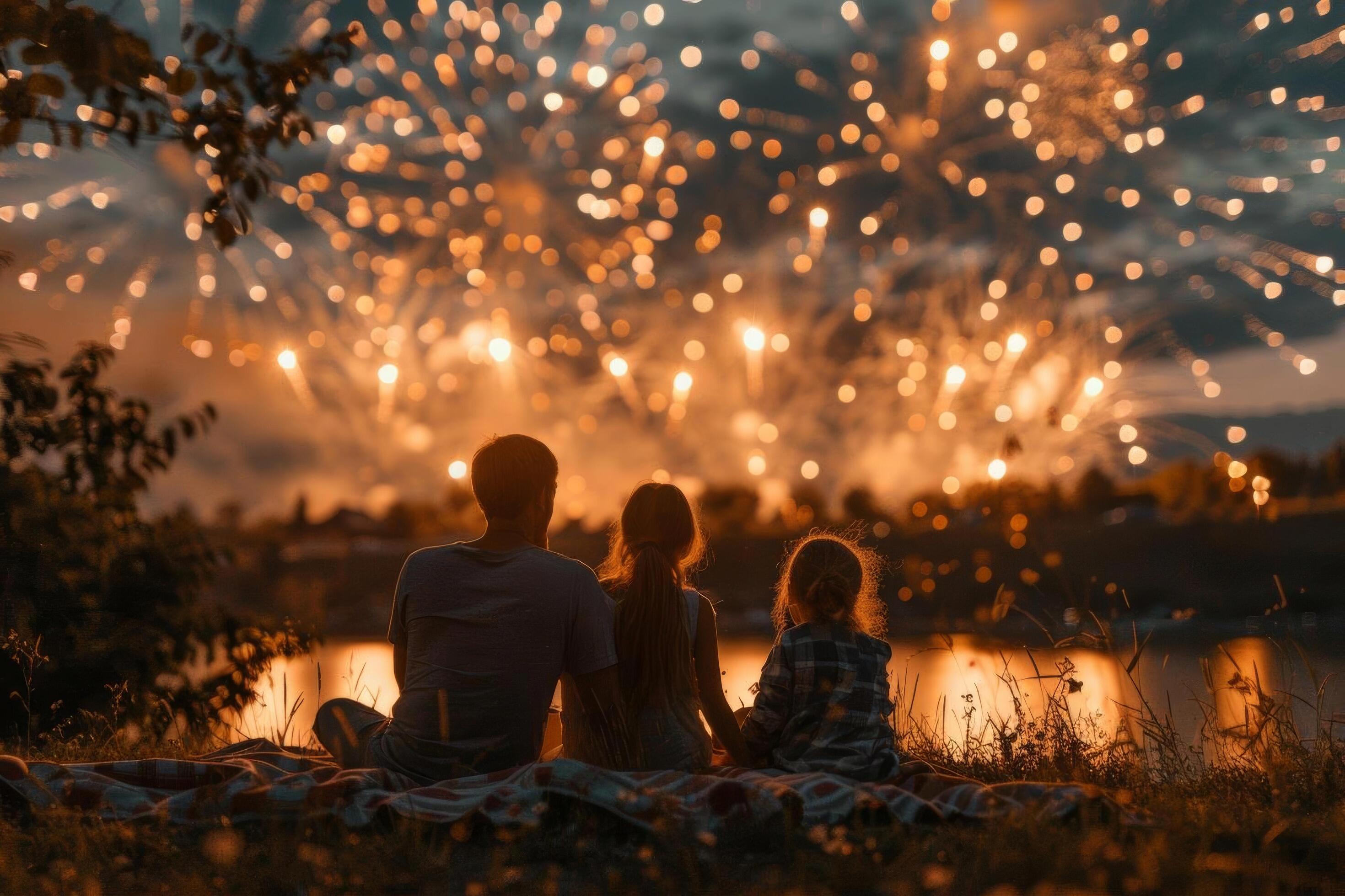 A family sitting on a blanket, watching fireworks light up the night sky on the Fourth of July Stock Free