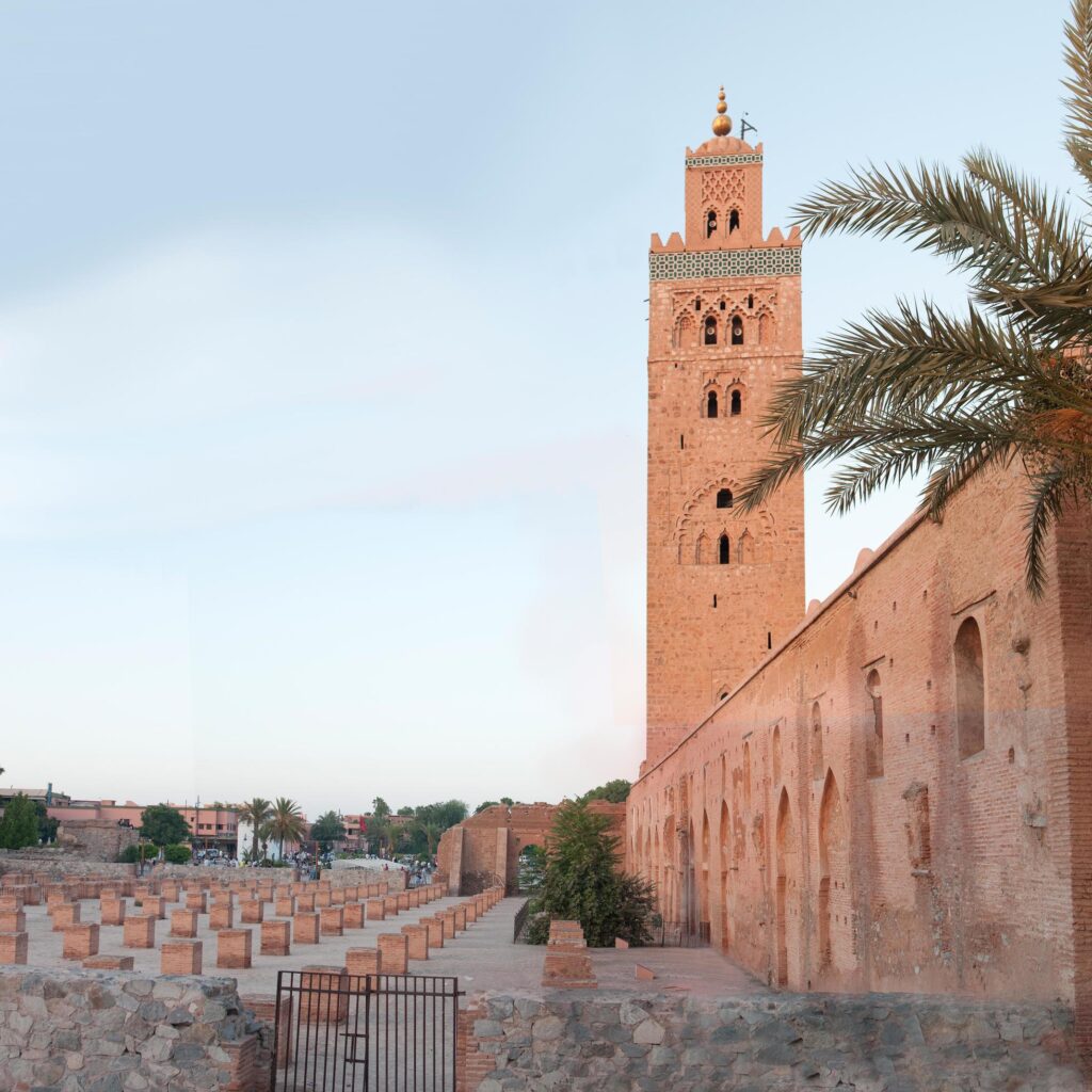 Beautiful view of Kutubiyya or Koutoubia Mosque, in Marrakech Stock Free