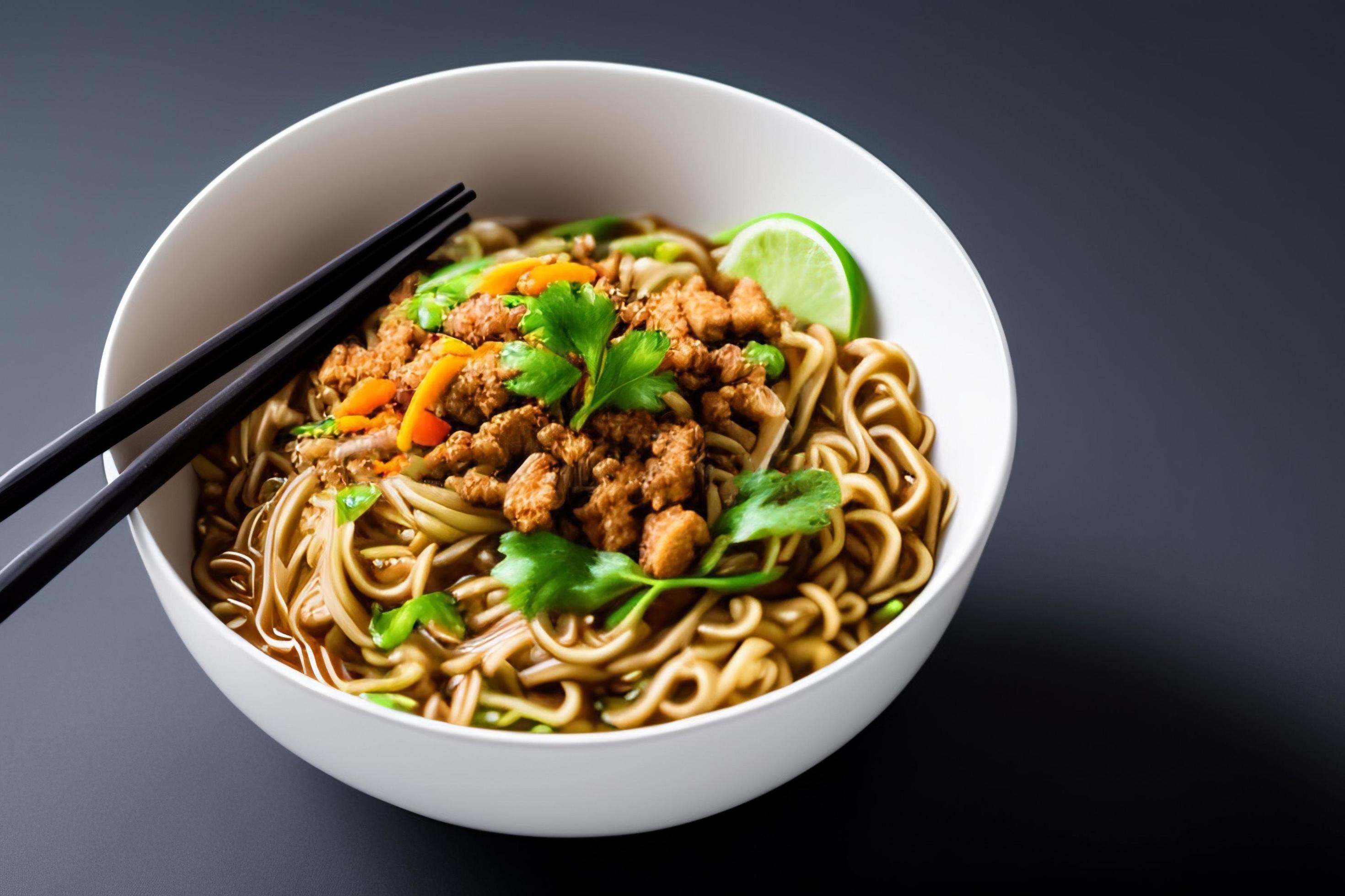 Delicious noodles. Fast food meal with appetizing pasta and chopsticks. Stock Free