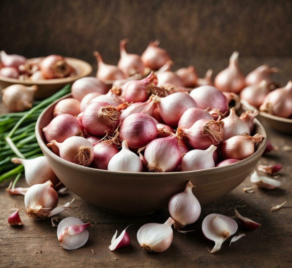 Fresh shallots and garlic on rustic wooden background, selective focus Free Photo