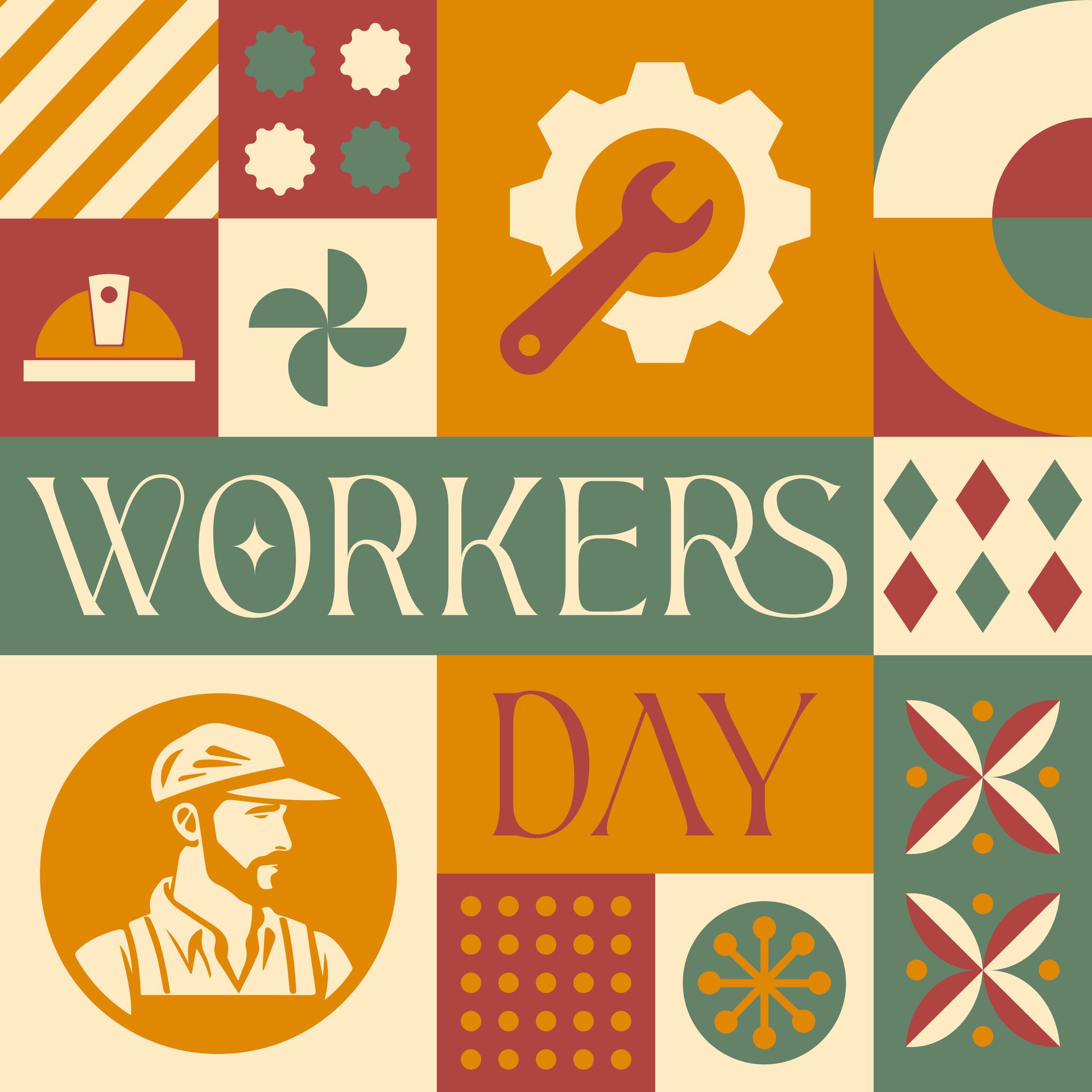 workers day international labor day seamless pattern in scandinavian style postcard with Retro clean concept design Free Vector