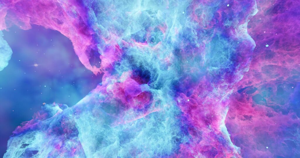 Aerosol clouds, space haze or cosmic rays, pink, pastel blue, space sky with many stars. Travel in the universe. 3D Rendering Stock Free