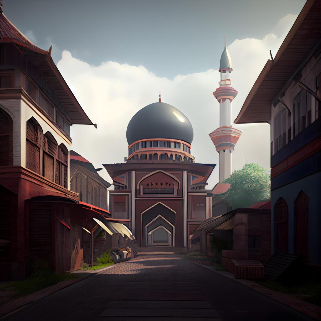 Mosque in the middle of the street, 3d render. Stock Free