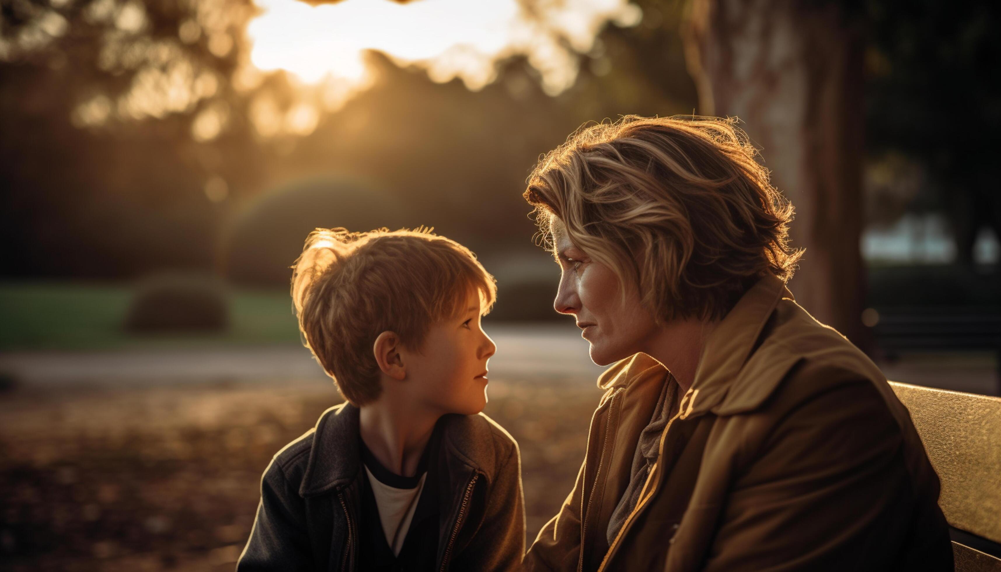 AI generated Two boys embracing in the sunset, enjoying nature and family generated by AI Stock Free