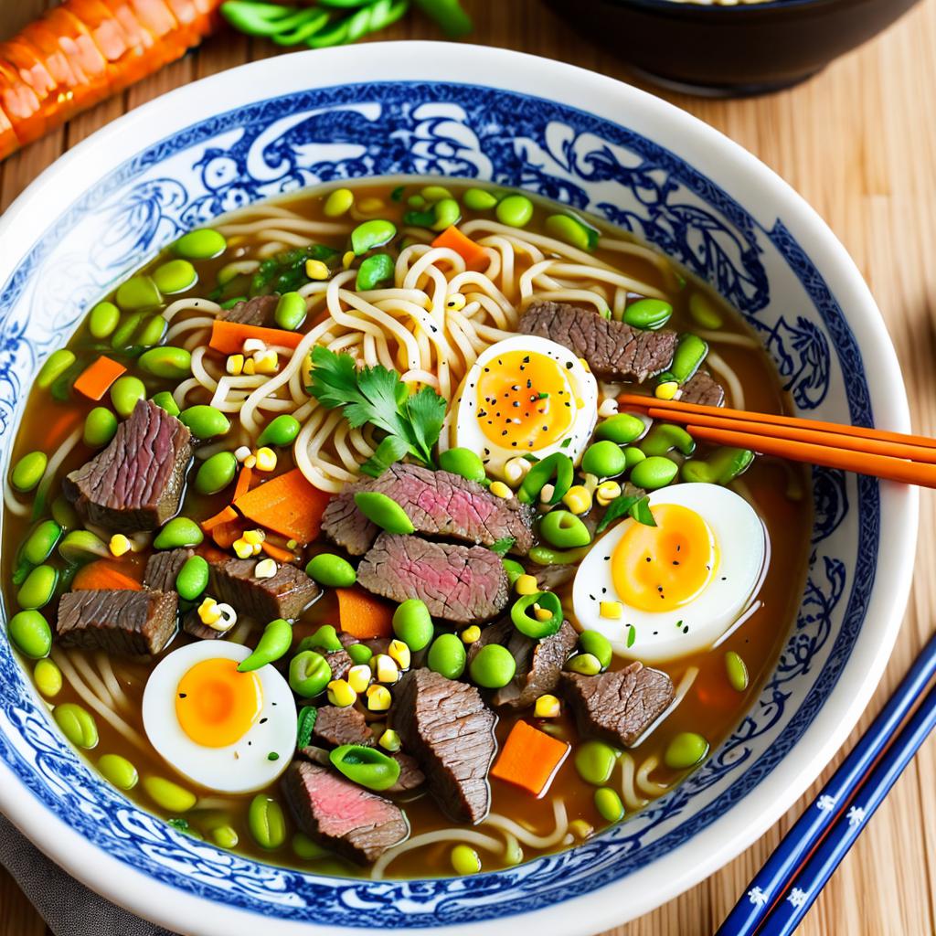 Beef ramen with edamame, by @ai_generated