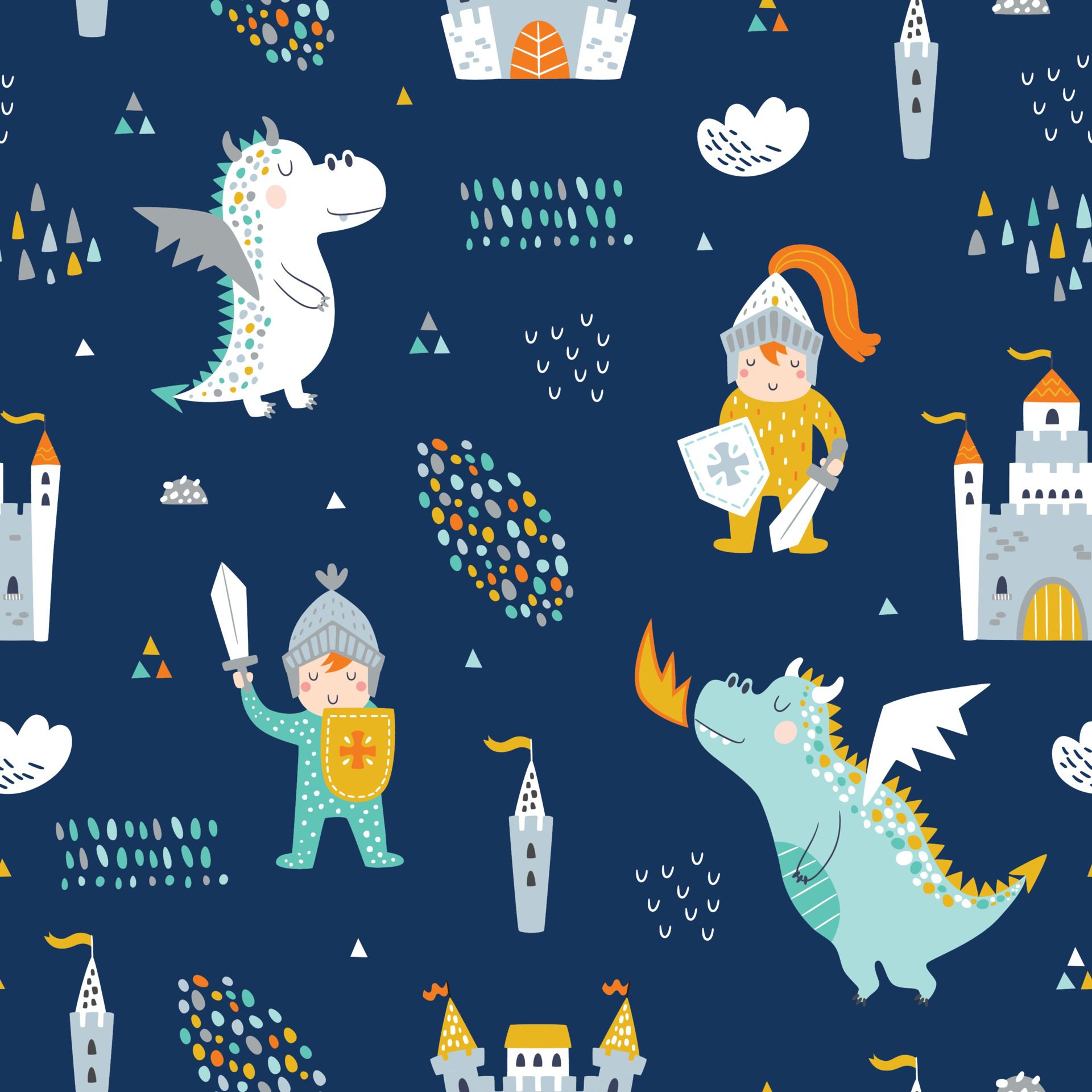 Childish seamless pattern with knight, dragon and castle. Free Vector