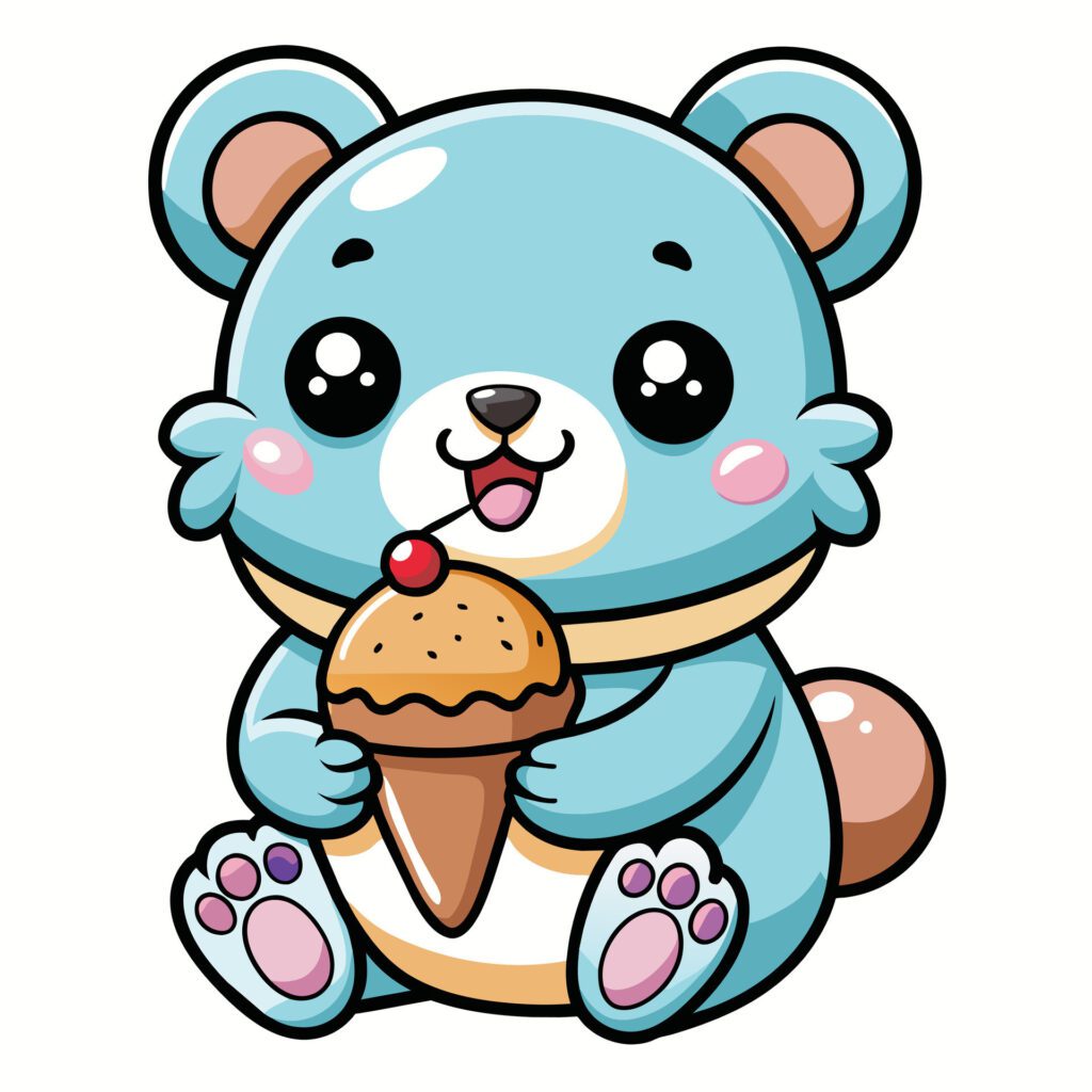 a cute kawaii bear eating ice cream, with clean black outlines, white background Free Vector