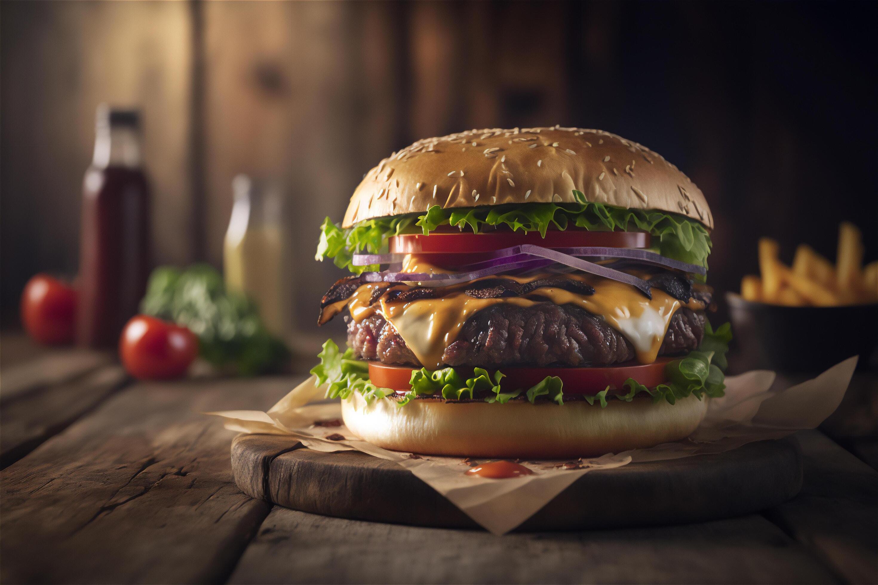 Tasty homemade hamburger on rustic wooden table. Copy space. Advertising. . Fast food snack Stock Free