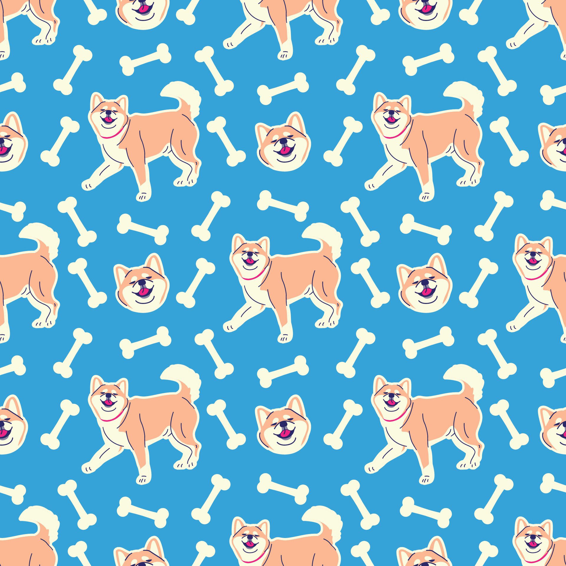 SMILING SHIBA INU WITH BONE SEAMLESS PATTERN Free Vector