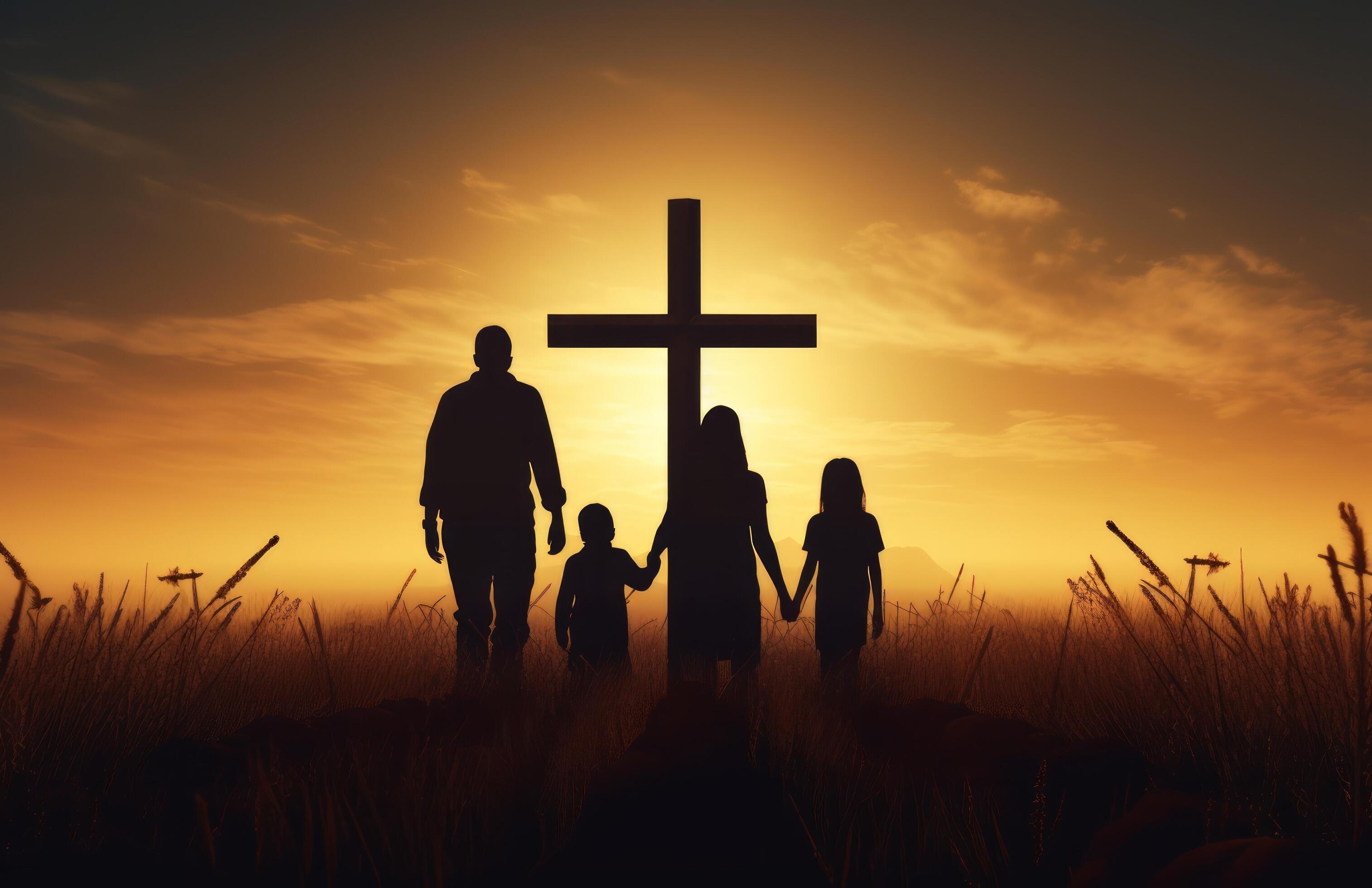 AI generated silhouette of a family walking through the field, with an empty cross in the background Stock Free