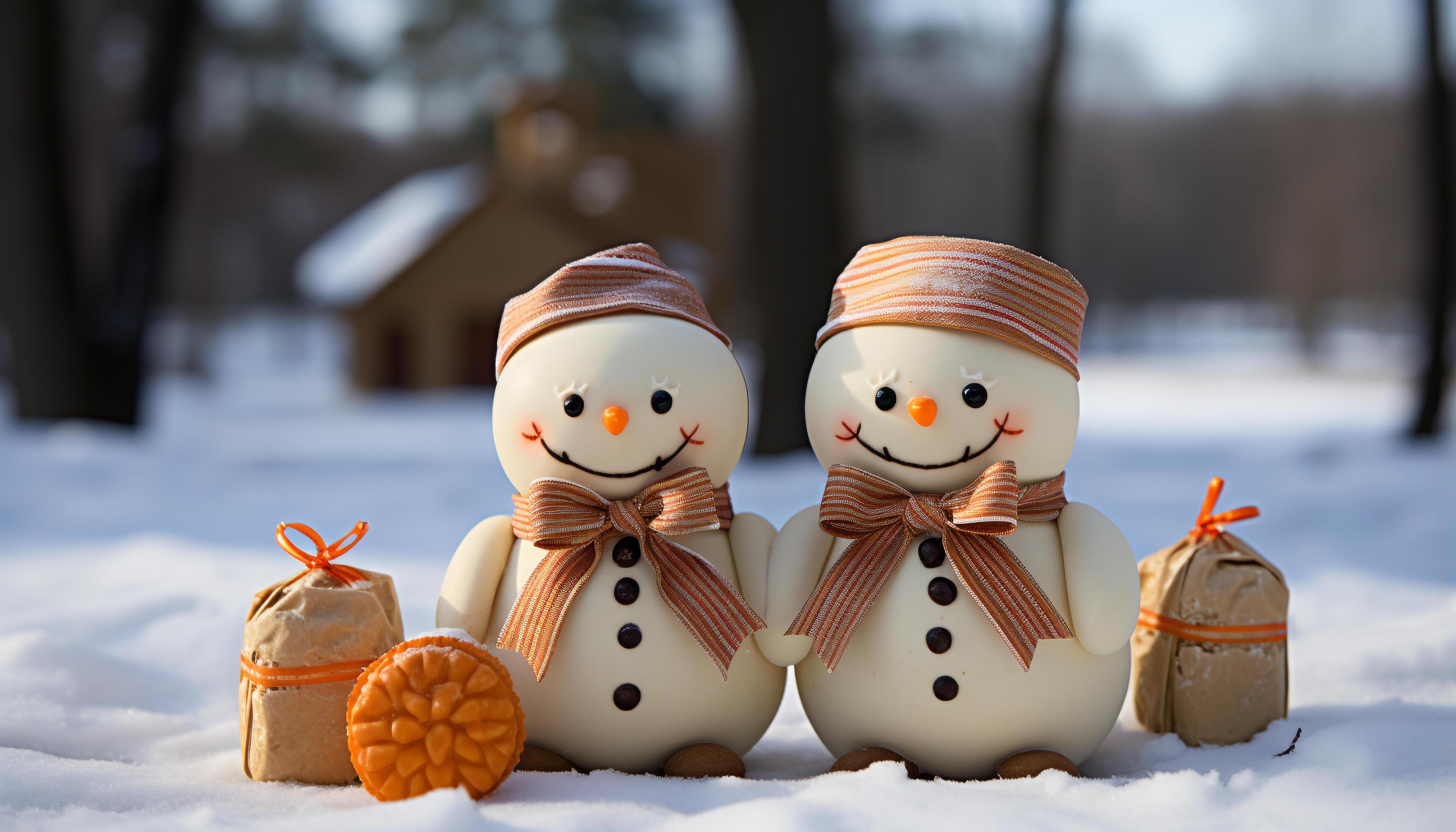 AI generated Snowman smiling, cute toy, cheerful snowflake, joyful family playing outdoors generated by AI Stock Free