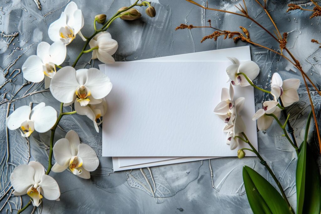 White Orchid Flowers and Blank Card on Grey Background Stock Free