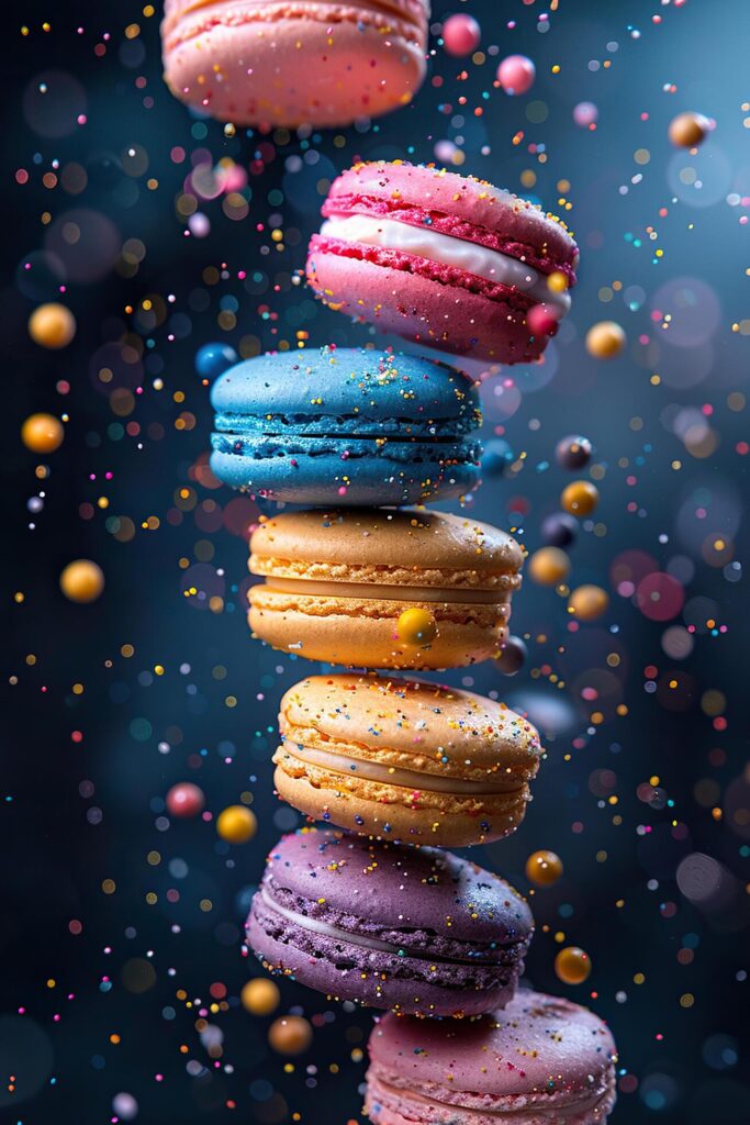 Vertical background with a stack of delicious multi-colored macaroons. Generated by artificial intelligence Stock Free