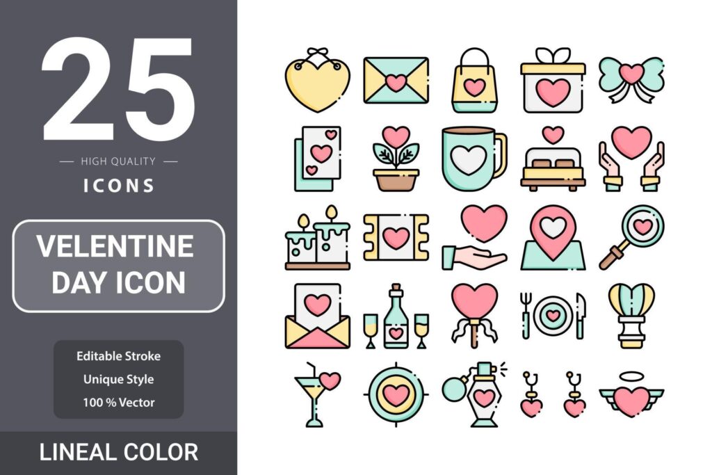 Valentine’s Day icon pack for your web site design, logo, app, UI Stock Free