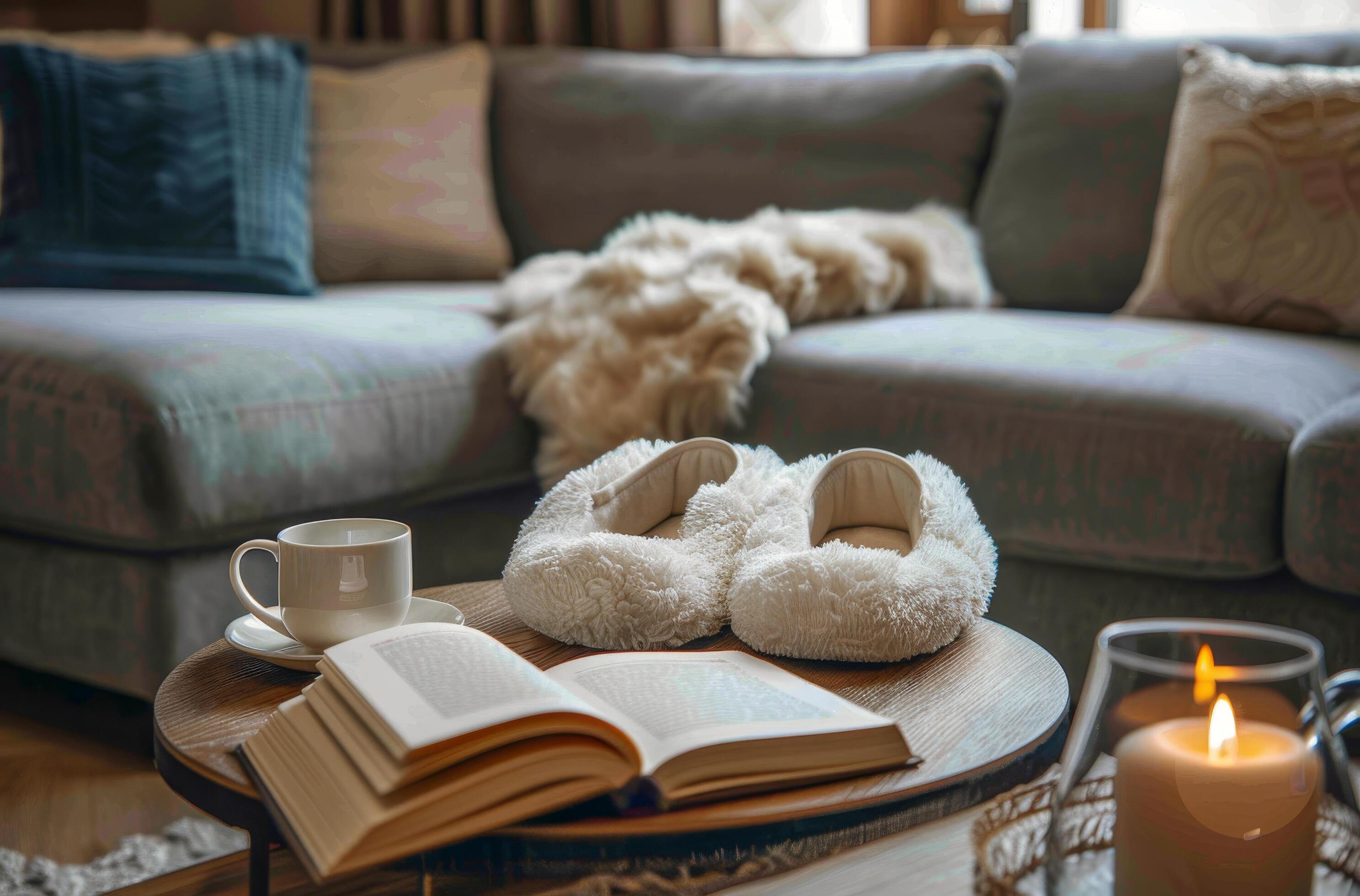 Cozy Living Room With Slippers, Tea, and an Open Book Stock Free