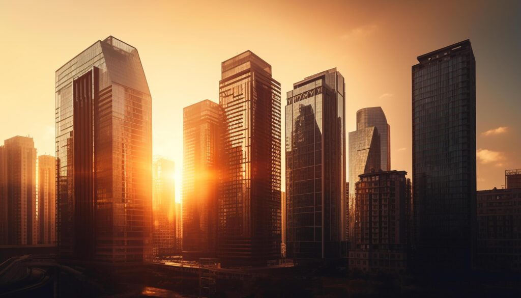 Tall skyscrapers illuminate the modern city skyline at sunset Stock Free